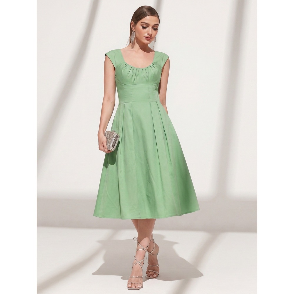 Calvin Klein Fit and Flare Midi Dress 10 Sage Green Ruched Pleated CD9G1C94 Exc